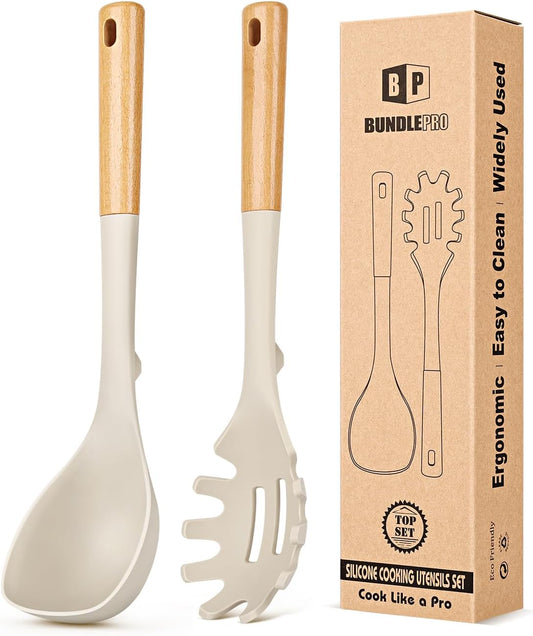 Silicone Soup Ladle and Spaghetti Spoon Set with Wooden Handle, Non Stick Heat Resistant Kitchen Utensils for Cooking, Stirring, Serving Pasta, Soup & Sauce(Khaki)