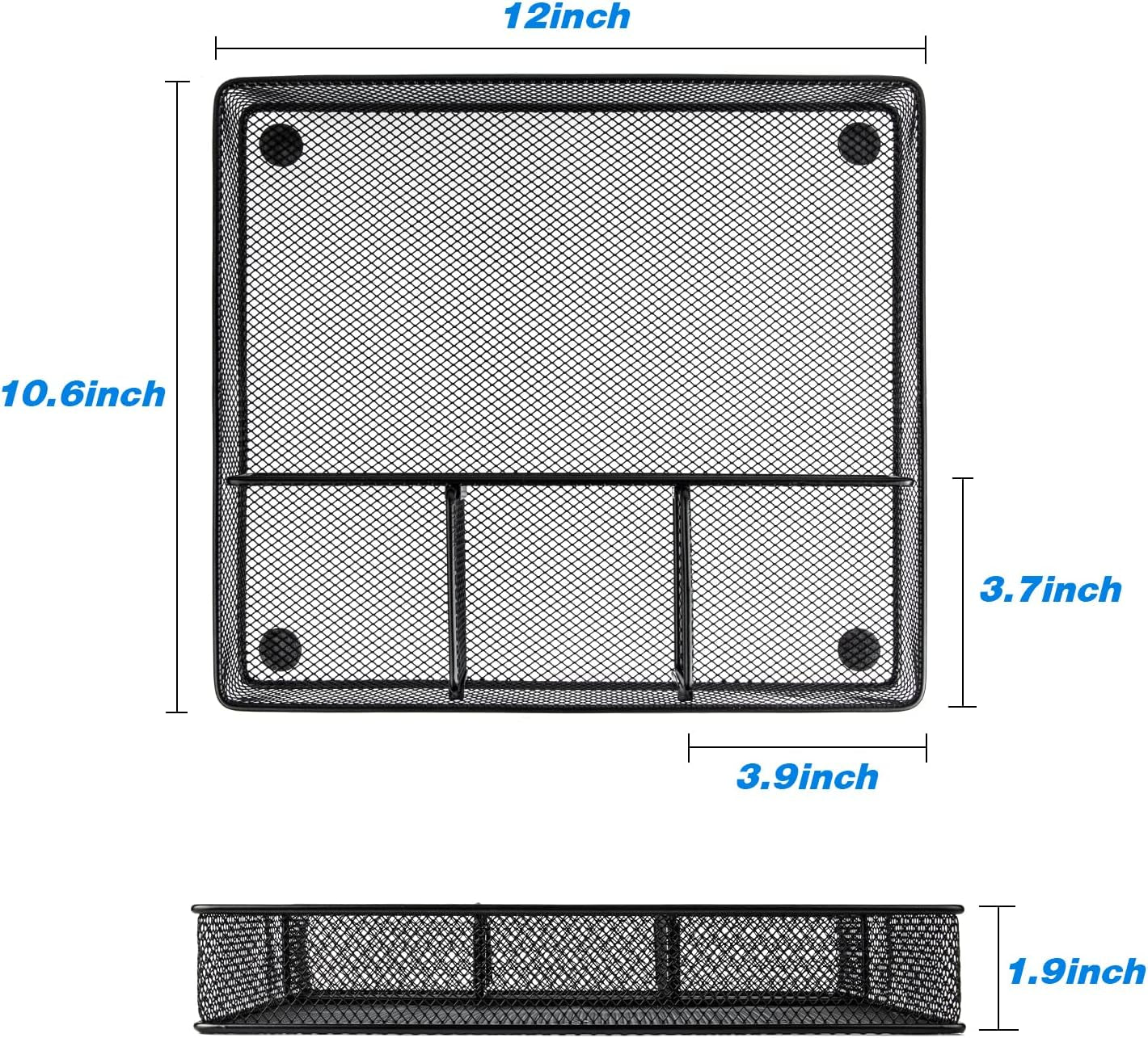 Desk Drawer Organizer Tray, Metal Mesh Drawer Organizers Office, 4 Grid with Adjustable Compartment, Desk Organizer Tray for Home Office 12X10.6X1.9 Inch Black, 2 Pack