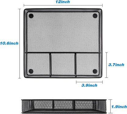 Desk Drawer Organizer Tray, Metal Mesh Drawer Organizers Office, 4 Grid with Adjustable Compartment, Desk Organizer Tray for Home Office 12X10.6X1.9 Inch Black, 2 Pack