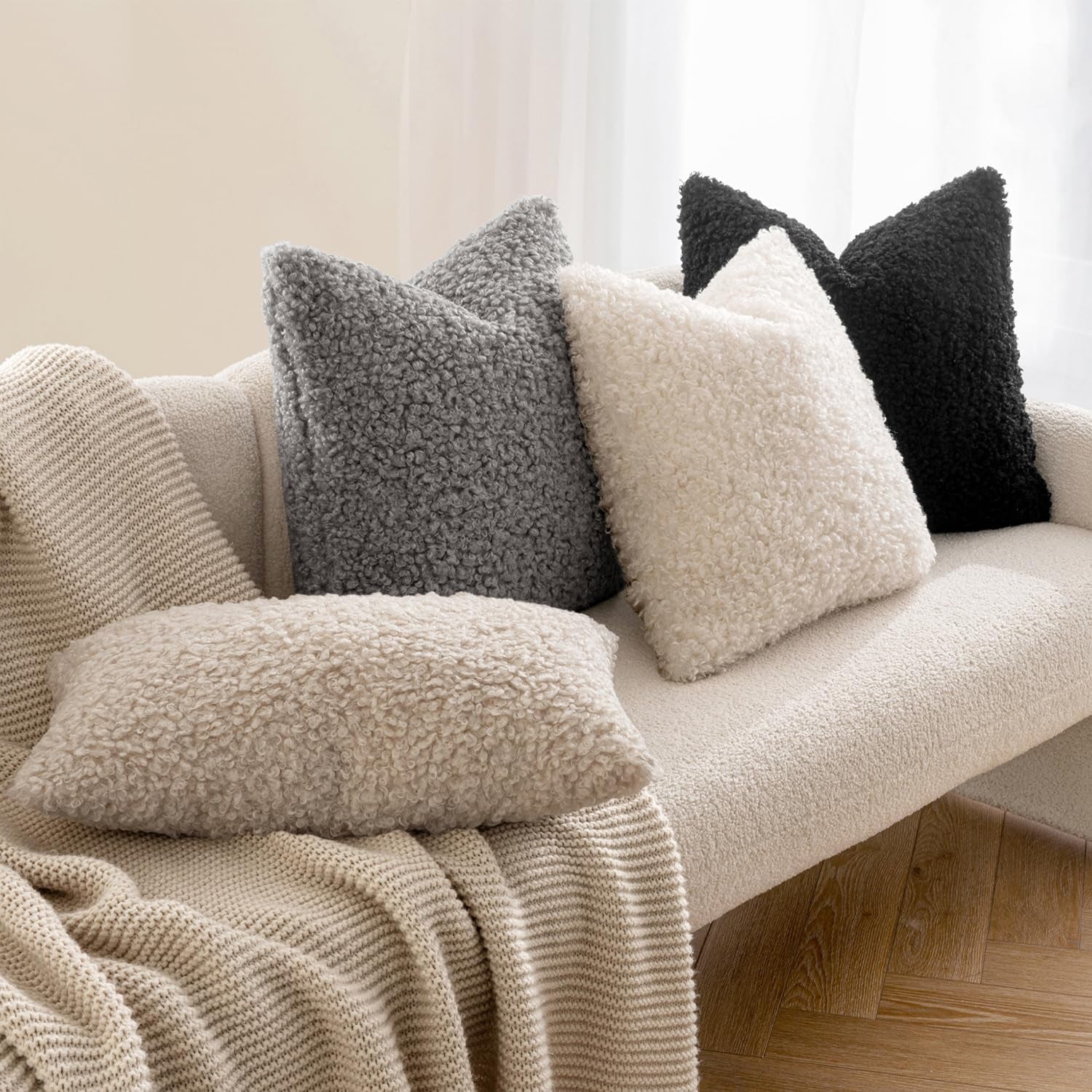 Pack of 2 Throw Pillow Covers 18X18 Inch Neutral Black Faux Fur Decorative Sherpa Pillow Covers Fuzzy Accent Soft Sheepskin Fleece Cushion Cases for Boho Home Decor Couch Living Room Bed
