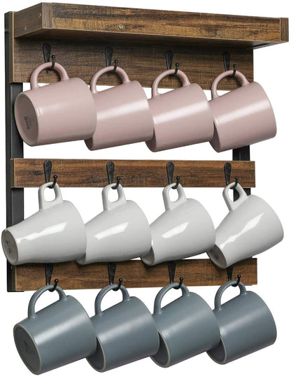 Coffee Mug Rack Wall Mounted, Rustic Wood Cups Rack with 12 Hooks and Storage Shelf, for Home Kitchen Display and Collection (Rustic Brown)