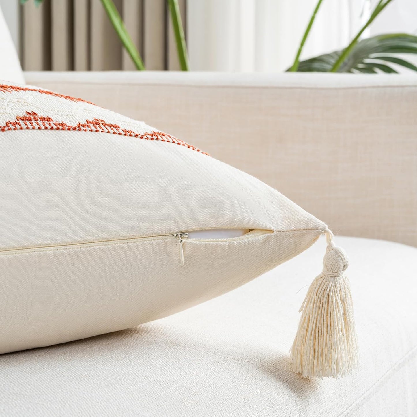 Set of 2 Burnt Orange Lumbar Decorative Throw Pillow Covers 12X20 Inch for Couch Bed Sofa Living Room, Aesthetic Organic Farmhouse Home Decor, Woven Textured Cushion Case with Tassels