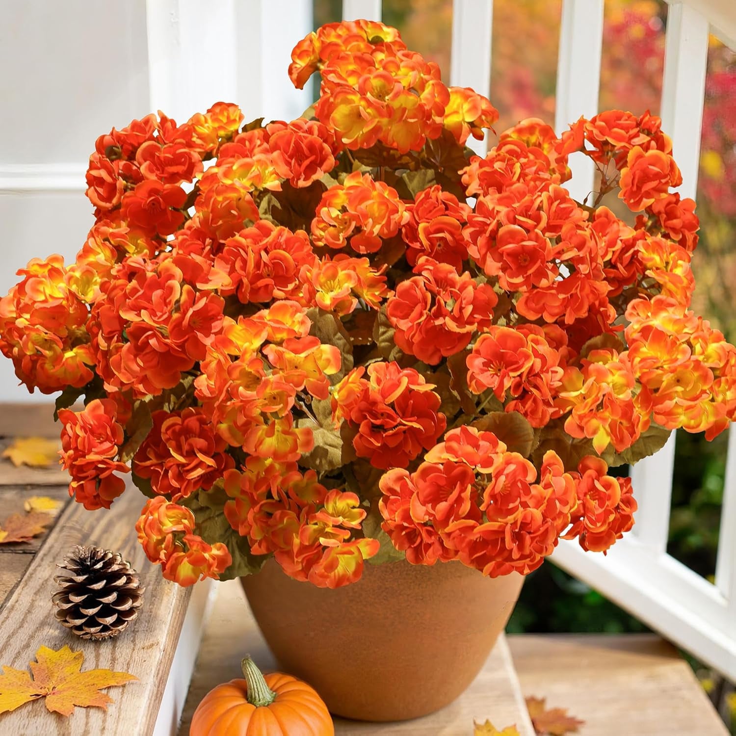 Fake Geraniums Artificial Flowers for Outdoors Fall Autumn Decoration, 6 Bundles Silk Geraniums Look Real Faux Fall Flowers Plants for Front Door Garden Planter Patio Balcony Yard Home Indoor, Mix