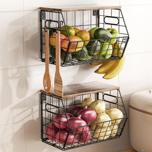 Stackable Metal Fruit Basket with Wood Lid 2-Pack,Hanging Wall Organizer for Kitchen Counter,Pantry Storage for Onions,Potatoes,Fruits,Spices,Black