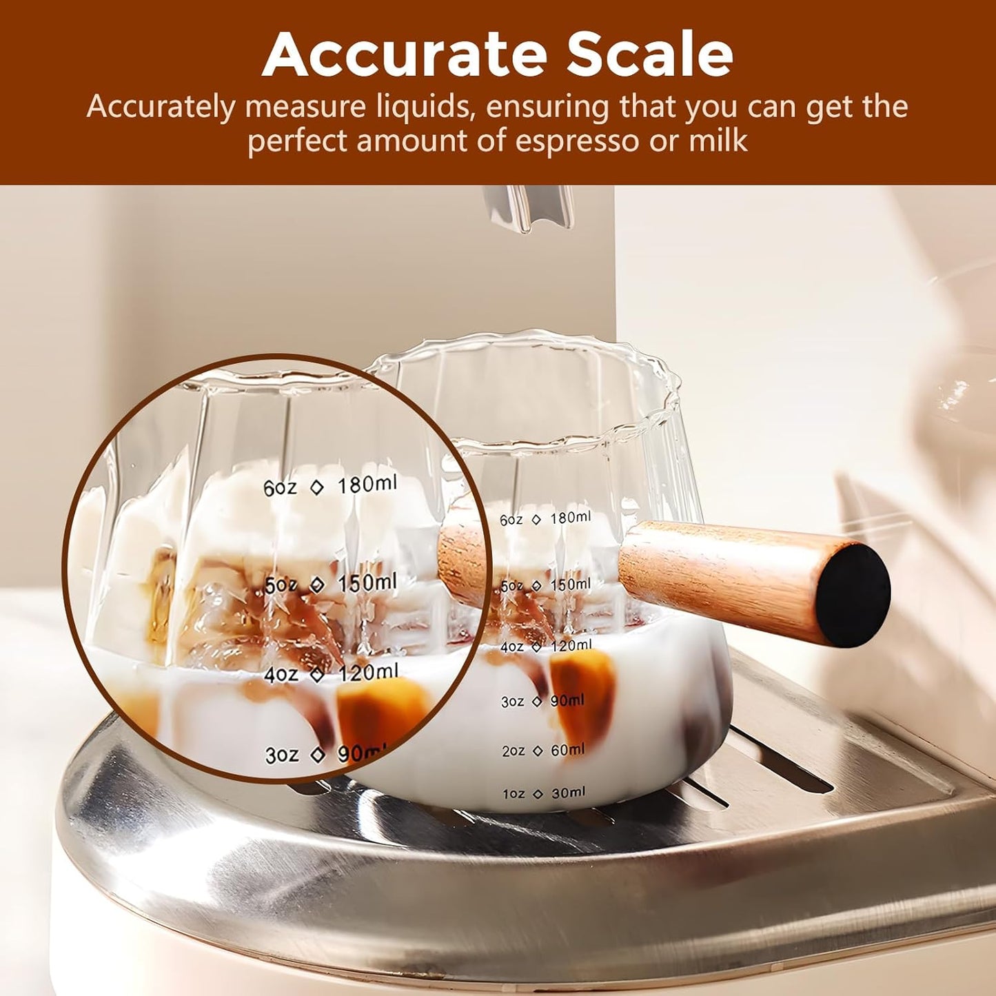 6 Oz/180Ml Glass Measuring Cup with Wooden Handle – Espresso Shot Cups, Ribbed Milk Frothing Pitcher, Dual Scale Markings, V-Shaped Mouth for Easy Pouring