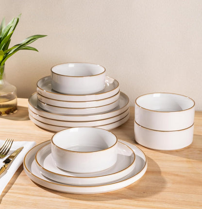 Ceramic Dinnerware Set for Four - 12 Piece Stoneware Collection with Reactive Glaze, Scratch Resistant, Dishwasher and Microwave Safe, Pearl White