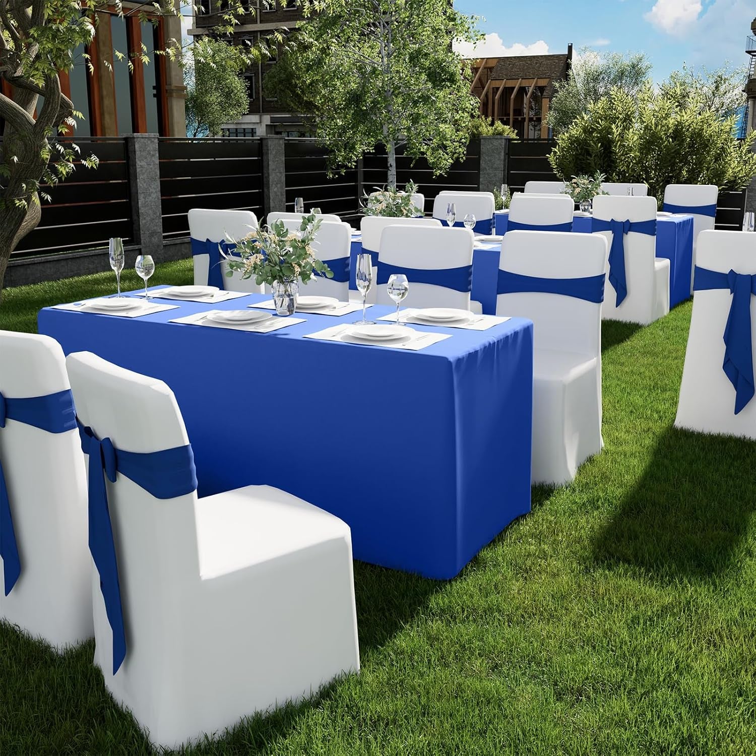 2 Packs Rectangle Fitted Tablecloth, 6 Foot Washable Fabric Table Cloth, Waterproof Polyester Table Cover for Party, Trade Show, Outdoor and Indoor (Blue, 30" X 72")