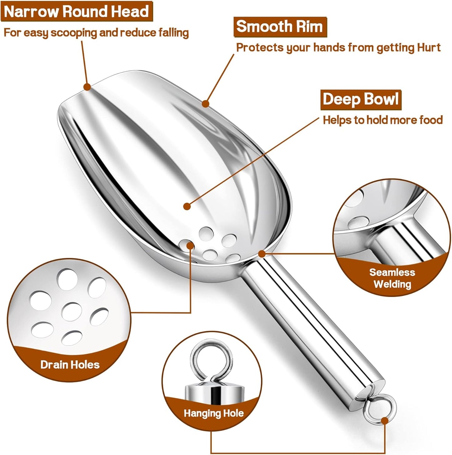 6 Oz Ice Scoop with Drain Holes, Small Stainless Steel Candy Food Coffee Bean Scoop, Utility for Kitchen Garden Bar Wedding Bath, Heavy Duty & Non Toxic & Easy Clean, Silver - 1 Piece