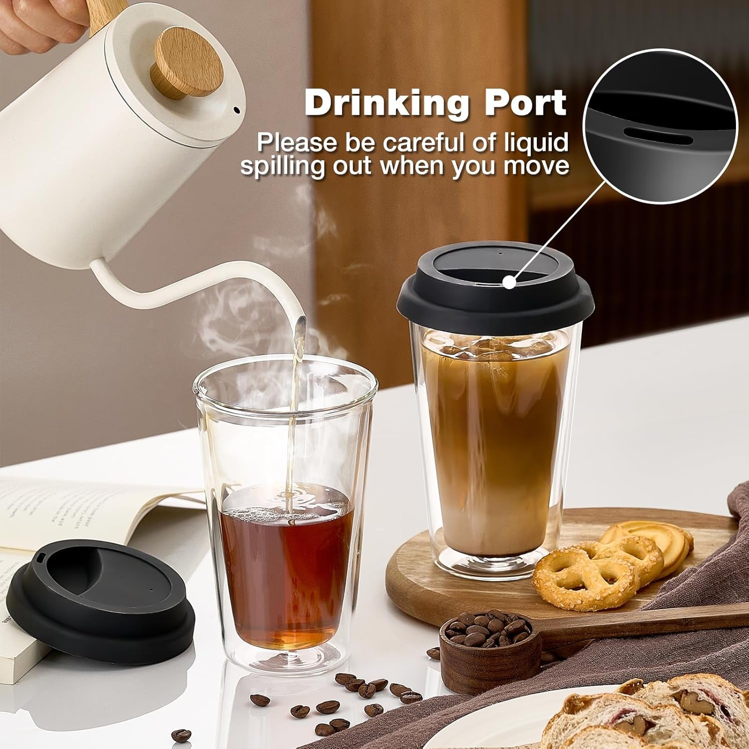 2 Packs Double Walled Glass Coffee Mugs with Silicone Lids, 12 OZ Reusable Glass Coffee Cups, Insulated Coffee Mugs, Cappuccino,Tea,Latte,Iced Coffee Cups, Glass Travel Mug, Heat Resistant