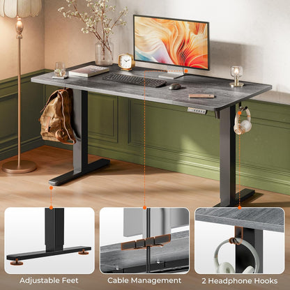 Large Electric Height Adjustable Standing Desk, 55" x 28", 27.6" Deep Desktop, Gaming and Office Desk with 2 Hooks and 3 Preset Heights, Grey Finish
