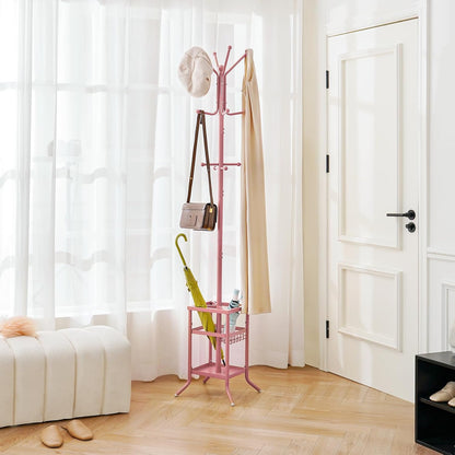 Coat Rack Freestanding, Coat Tree with Umbrella Holder, Metal Coat Rack Stand with 12 Hooks, Modern Coat Hanger Stand for Entryway, Purse Rack Hat Rack Stand for Living Room Bedroom Office