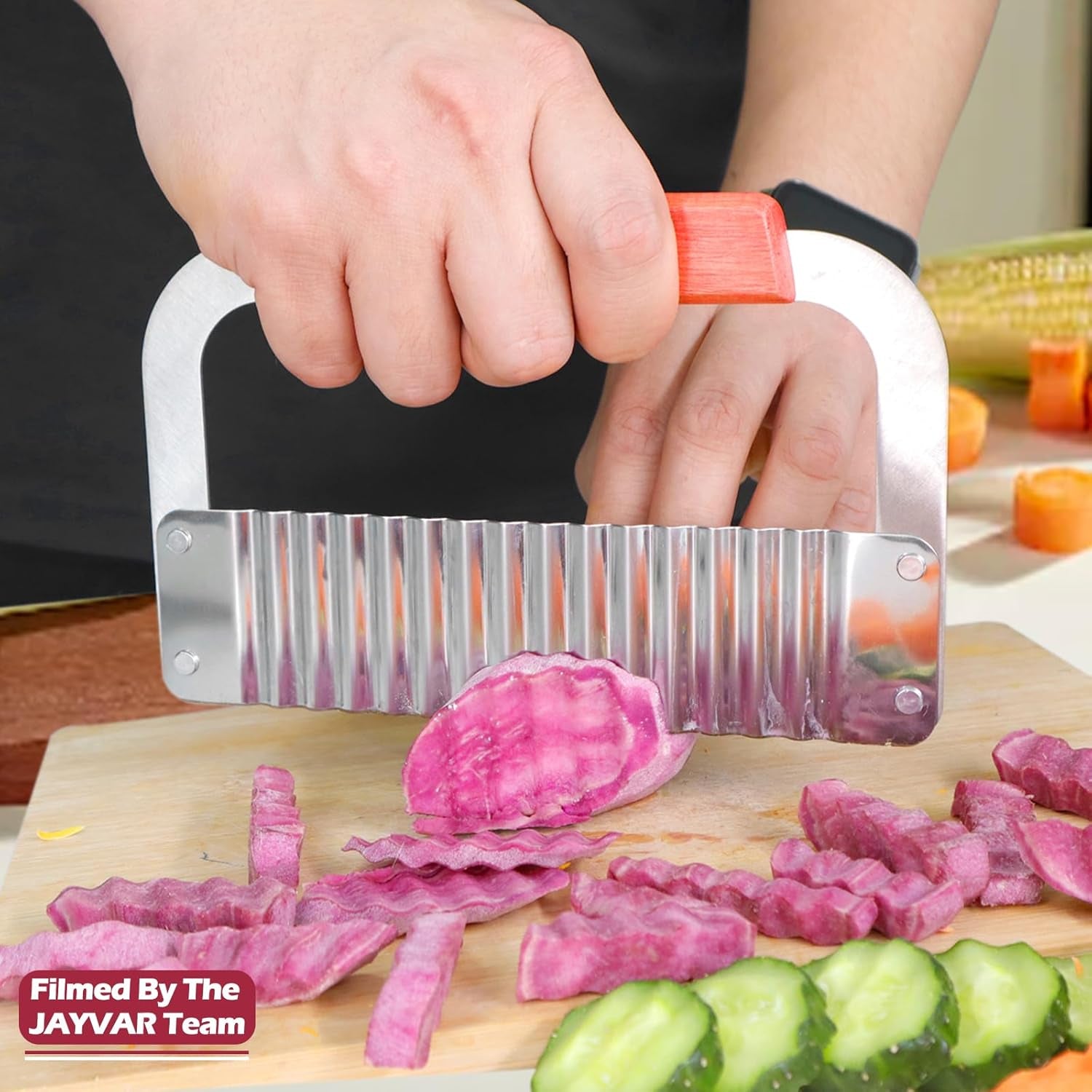 Extra-Large Crinkle Cutter Wave Potato Slicer – Stainless Steel French Fry Cutter for Restaurants, Waffle Slicing Tool, Crinkle Chopping for Potatoes, Kitchen Veggie Cucumber Slicer with Handle