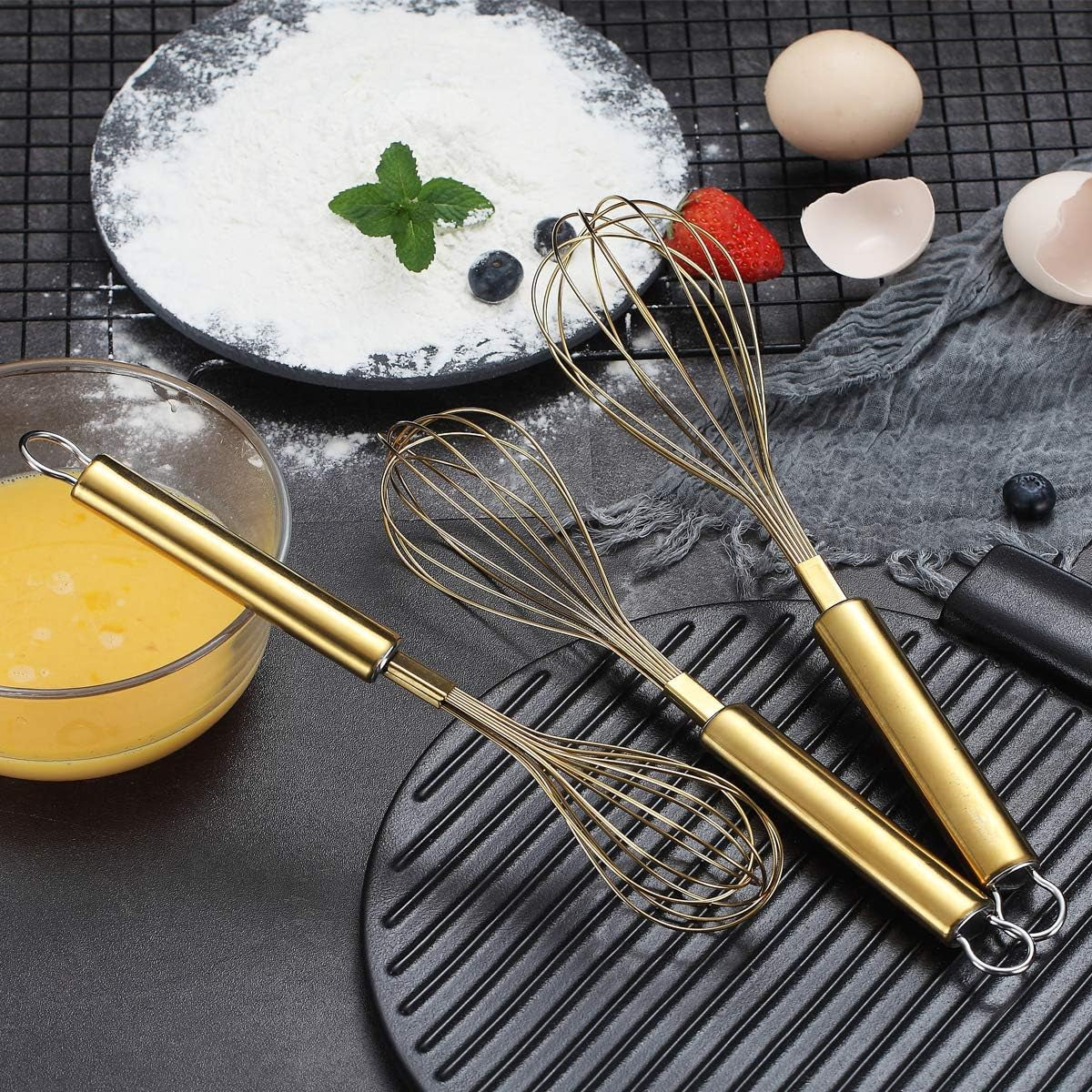 Gold Stainless Steel Whisk Set - 3-Piece (8", 10", 12") with Titanium Plating for Cooking and Baking