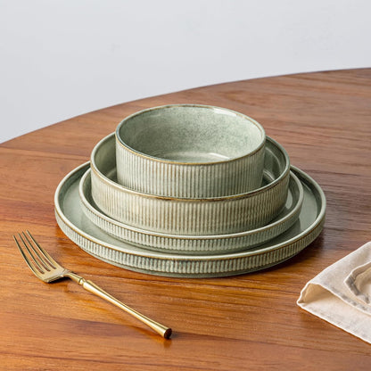 Stoneware Dinnerware Set for Four - Round Reactive Glaze Ceramic Plates and Bowls, 12-Piece Set, Highly Scratch Resistant, Dishwasher and Microwave Safe