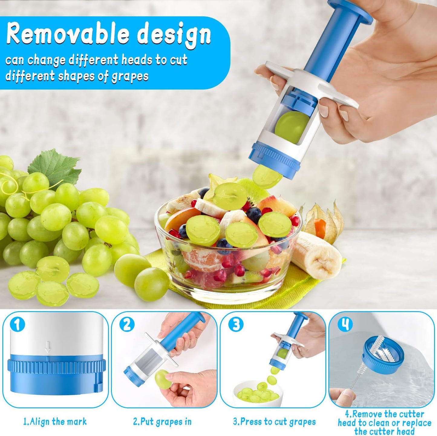 Grape Cutter, Fruit Slicer and Veggie Divider with Stainless Steel Blades for Baby Supplement- Strip Blade