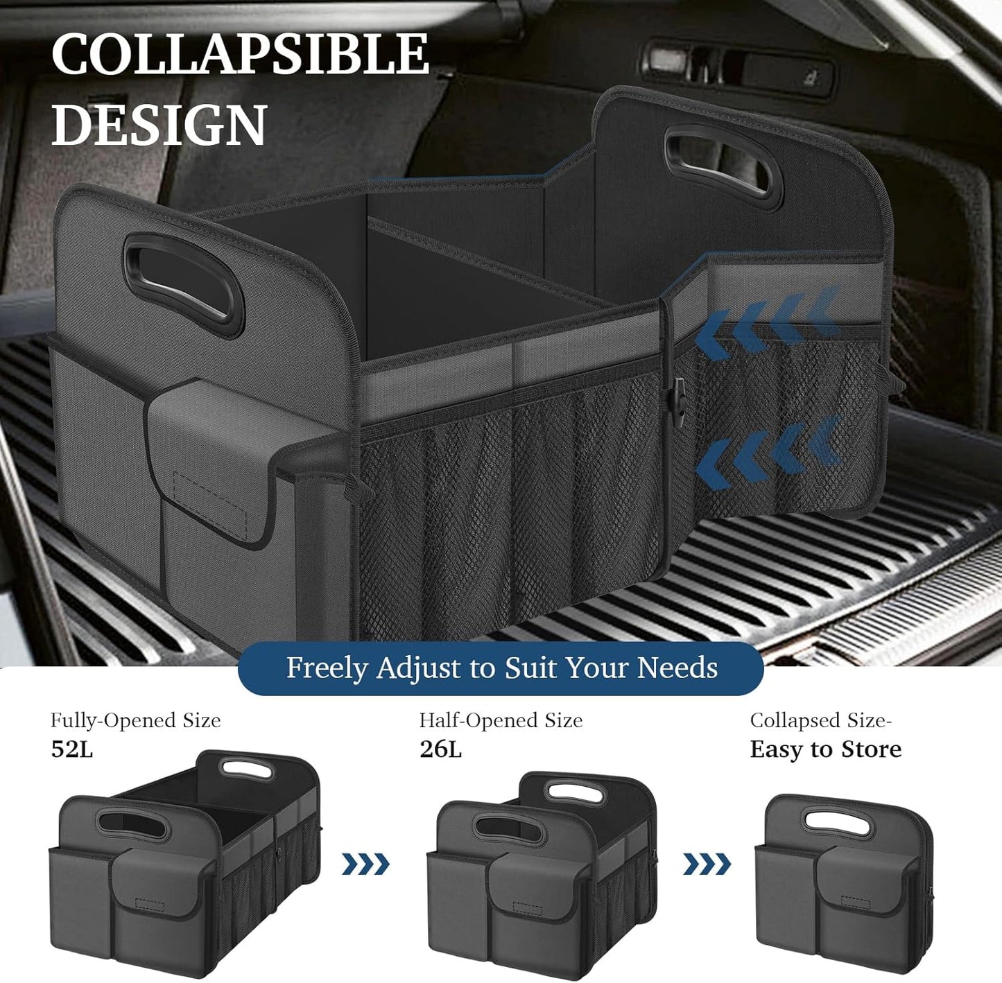 Car Trunk Organizer, Car Storage Organizer with Large Capacity Waterproof Collapsible Trunk Organizer for Car Suv/Jeep/Sedan (Grey, Standard)