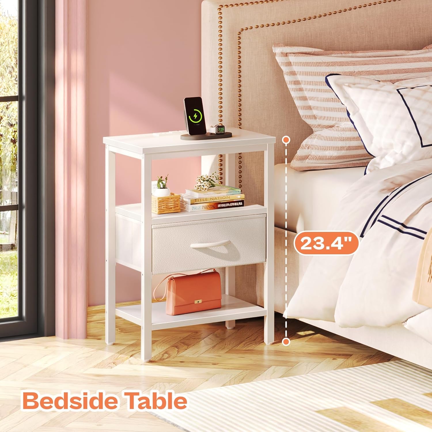 White Nightstand with Charging Station and Adjustable Fabric Drawer, 3-Tier Storage End Table for Bedroom and Living Room