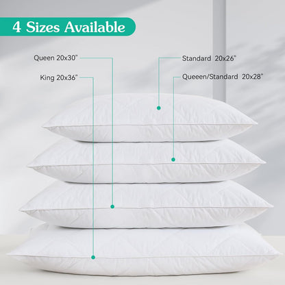 Queen/Standard Size White Goose Feather Bed Pillows Set of 2 - Soft 600 Thread Count 100% Cotton, Medium Firm with Soft Support Surround Fill Polyfiber, White Solid