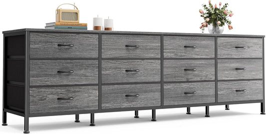 70-Inch Grey Dresser and TV Stand for 65 to 80 Inch TVs with 12 Fabric Drawers, Large Storage Organizer for Bedroom and Living Room