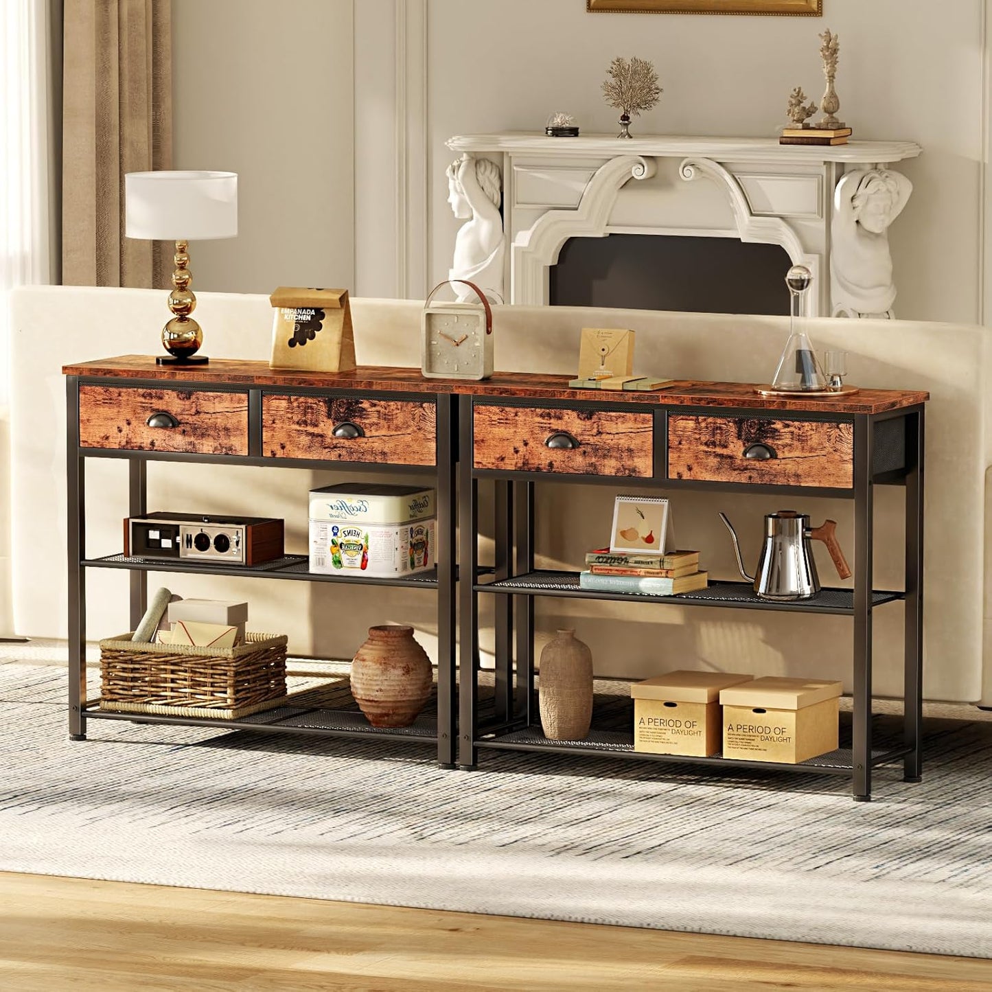 Console Sofa Table with Storage Shelf for Entry Way, Small 30'' Entryway Table with 2 Fabric Drawers, Industrial Display Shelves for Hallway, Entrance, Foyer, Rustic Brown