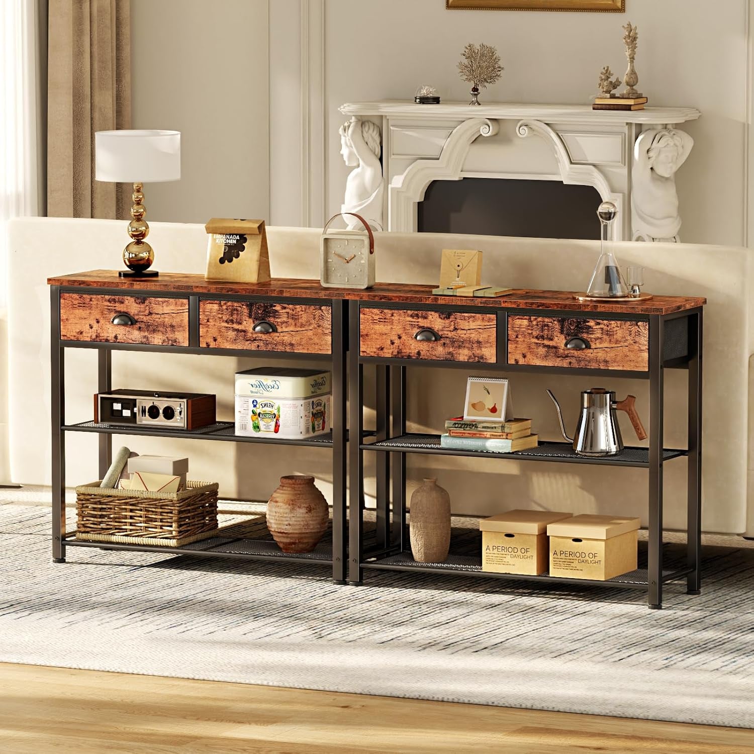 Console Sofa Table with Storage Shelf for Entry Way, Small 30'' Entryway Table with 2 Fabric Drawers, Industrial Display Shelves for Hallway, Entrance, Foyer, Rustic Brown