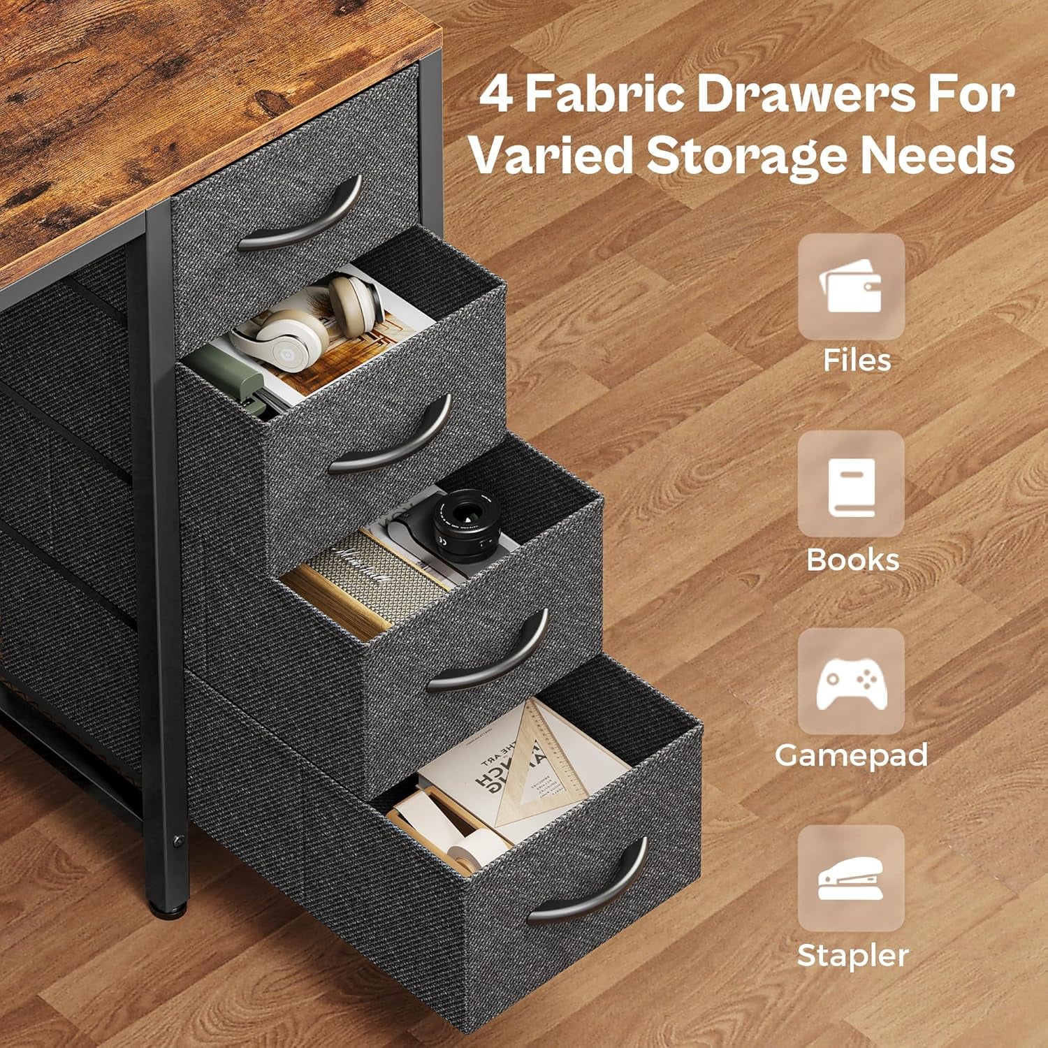 47-Inch Computer Desk with Four Drawers, LED Lighting, and Power Outlets - Spacious Home Office and Gaming Desk in Rustic Brown and Black