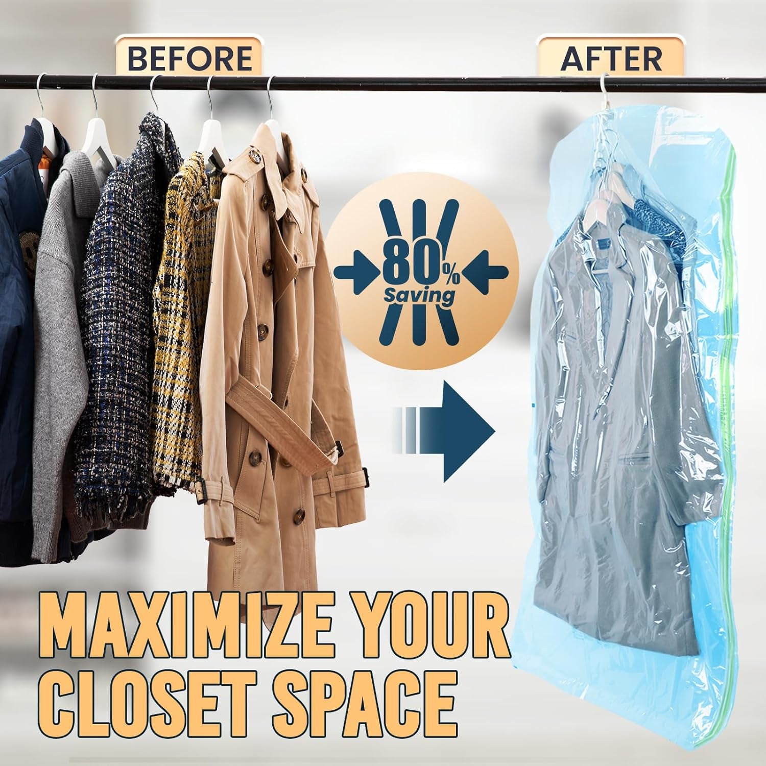 Hanging Vacuum Storage Sealer Space Saver Bags for Clothes, Coat, Closet Organizers, 4 Pack (2 Long, 2 Short) Blue