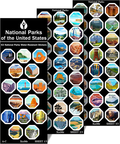 63 National Park Sticker Set,Outdoor Nature Adventure Hiking Inspiration Waterproof Stickers,Used for Water Bottles,Computers,Refrigerators,National Park Stickers of the USA