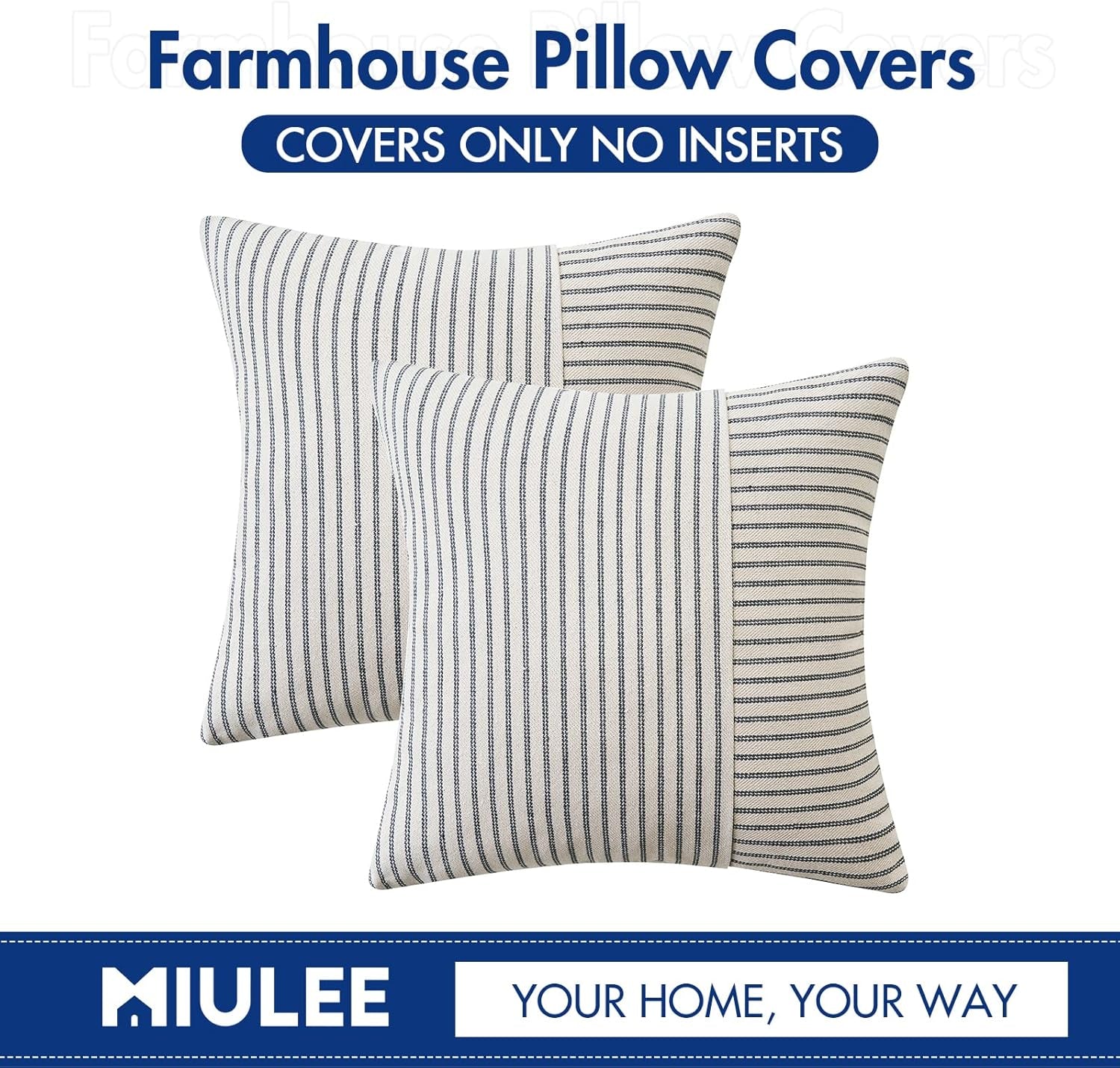 Grey and Beige Patchwork Farmhouse Pillow Covers 18X18 Inch, Pack of 2 Striped Linen Decorative Modern Accent Pillow Cases for Sofa Couch Bedroom