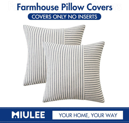 Grey and Beige Patchwork Farmhouse Pillow Covers 18X18 Inch, Pack of 2 Striped Linen Decorative Modern Accent Pillow Cases for Sofa Couch Bedroom