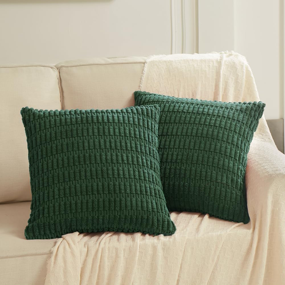 2 Packs Boho Dark Green Decorative Throw Pillow Covers 18X18 Inch for Couch Bed Sofa, Rustic Modern Farmhouse Home Decor, Soft Plush Corduroy Cute Square Cushion Case 45X45 Cm