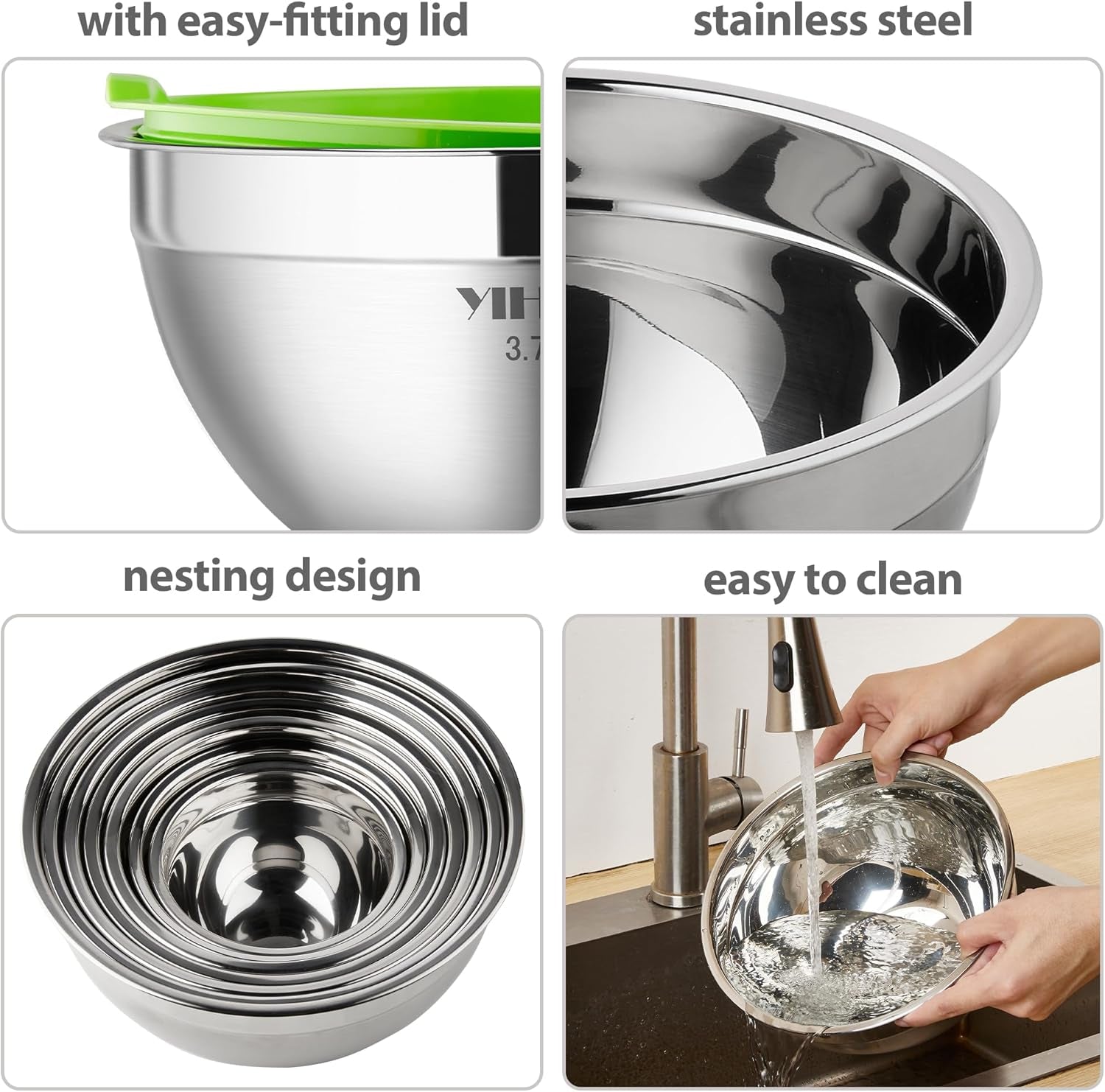 7 Piece Metal Mixing Bowls with Lids for Kitchen, Stainless Steel Set Ideal for Baking, Prepping, Cooking and Serving Food, Nesting Design for Space Saving Storage