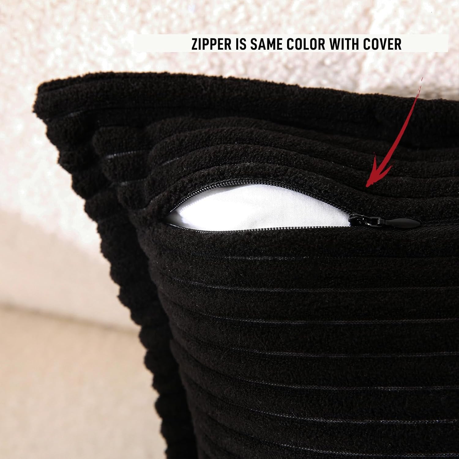 Corduroy Black Throw Pillow Covers Set of 2 Striped Boho Decorative with Edge Design,Super Soft Throw Pillow Cushion Covers for Couch Sofa Living Room Solid Square 18×18Inch/45Cm×45Cm