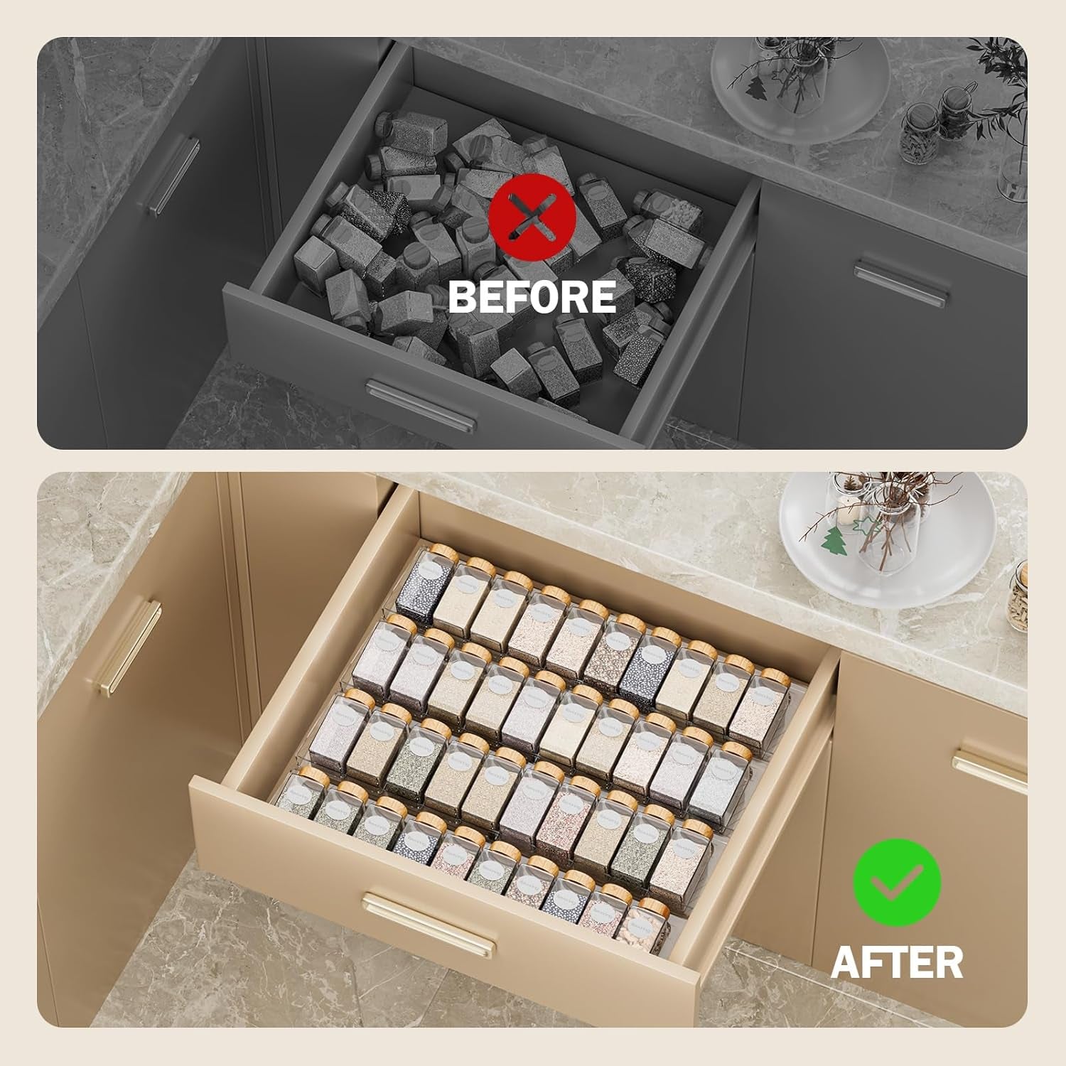 Spice Drawer Organizer, 8 Pack Clear Seasoning Organizer Rack, Kitchen Spice Rack Organizers for Drawer/Countertop (Jars Not Included, Expandable from 11" to 22" Wide)