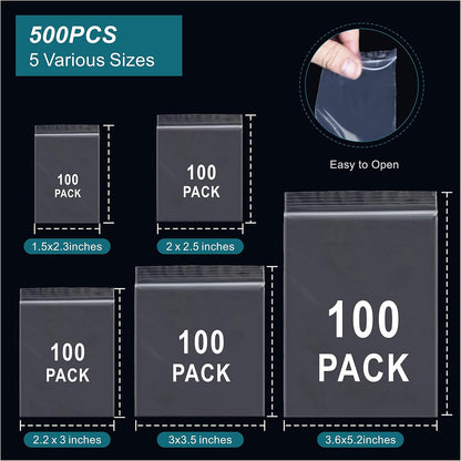 500 Pcs Small Plastic Bags, Small Bag, Mini Baggies, Jewelry Bag Clear Plastic, 5 Assorted Sizes, Resealable Poly Bags for Pill, Storage, Candy, Packaging