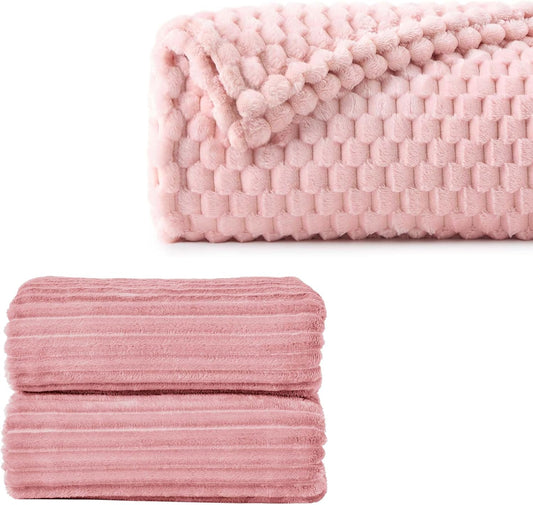 2 Pieces 3D Ribbed Jacquard Soft and Warm Decorative Fuzzy Blankets, Pink, 50X60In