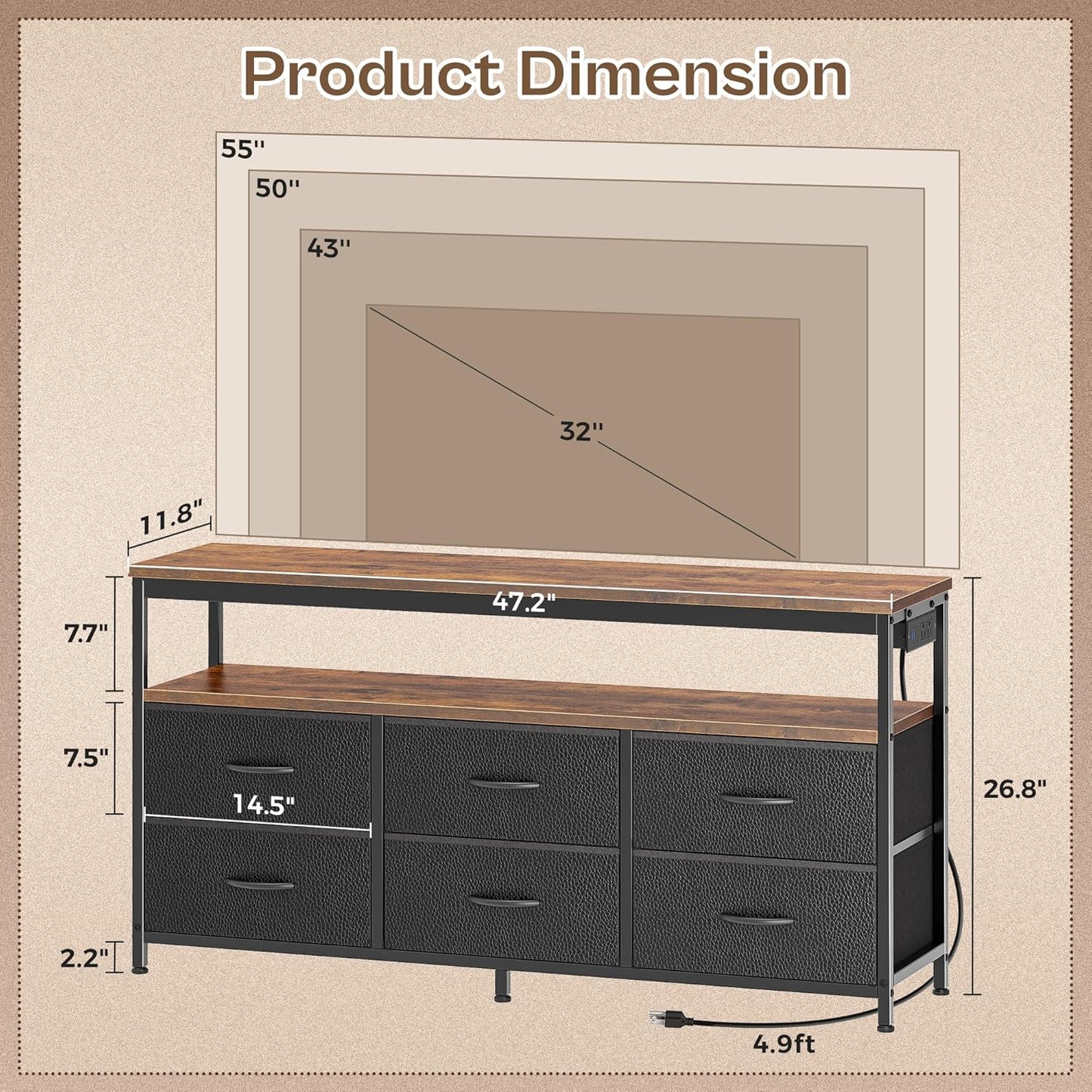Rustic Black LED TV Stand with Storage for 43 to 55 Inch TVs, 47 Inch Dresser Entertainment Center Featuring Power Outlets and 6 Drawer Fabric Dresser for Living Room