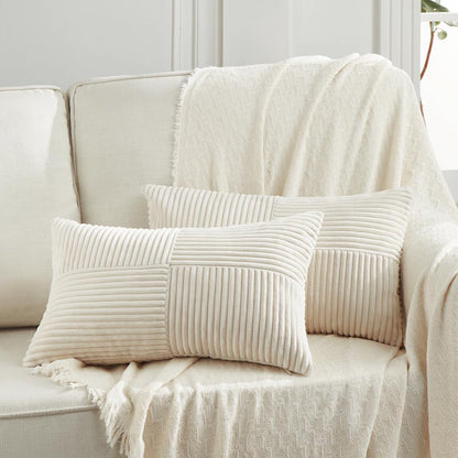 Cream Lumbar Decorative Throw Pillow Covers 12X20 Inch for Living Room Couch Bed Sofa, Rustic Farmhouse Boho Home Decor, Soft Striped Corduroy Rectangle Accent Cushion Case 30X50 Cm