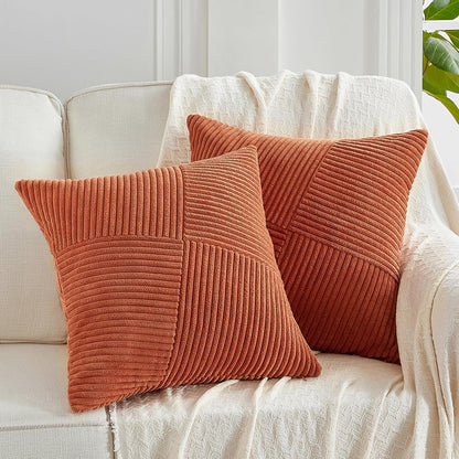 Set of 2 Burnt Orange Boho Decorative Throw Pillow Covers 16X16 Inch with Diagonally Pattern for Living Room Couch Bed Sofa, Soft Textured Corduroy Aesthetic Farmhouse Home Decor 40X40 Cm