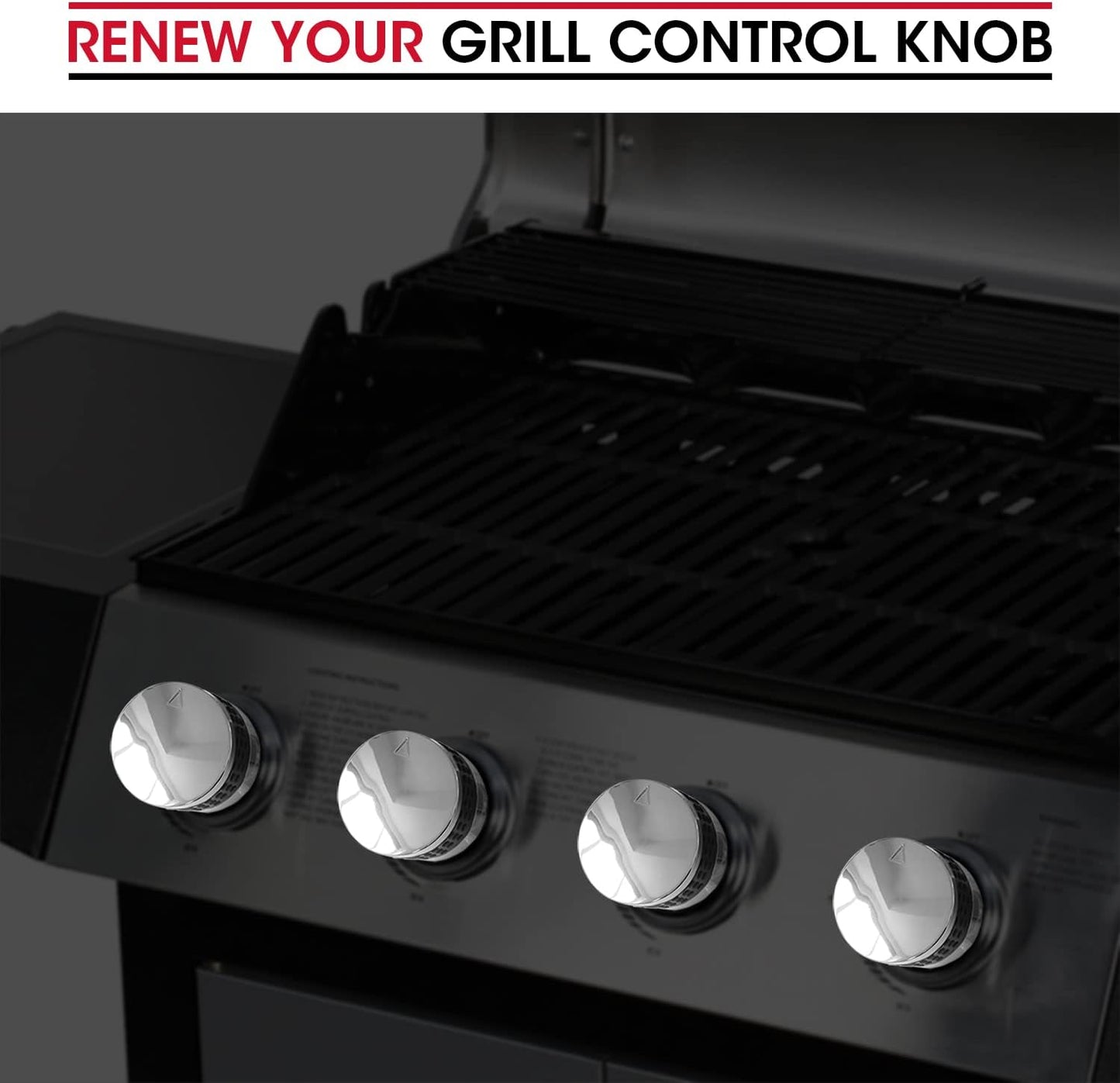 Grill Control Knob 4 Pack, Gas Burner Replacement, Chrome Plated Plastic with Nonslip Grip, Fits BBQ Gas Grills with D Shaped Valve Stem, Including 4 Knobs and 12 Adaptors