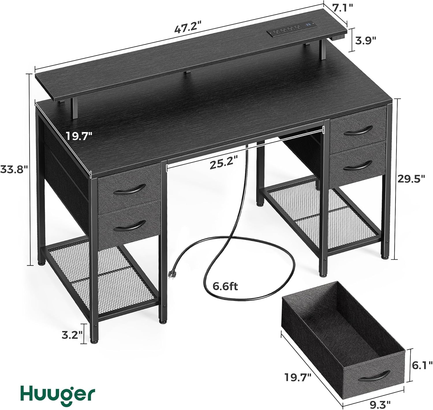 47-Inch Computer Desk with 4 Drawers, LED Lighting, and Power Outlets - Spacious Home Office and Gaming Desk in Black