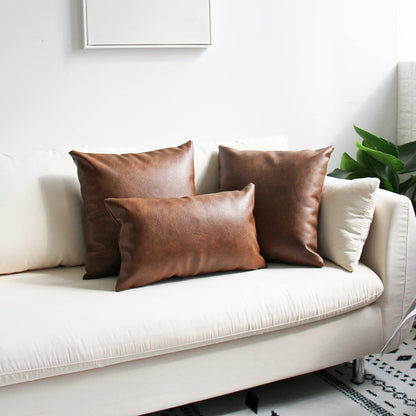 Modern Leather Throw Pillow Covers for Couch Sofa Bed Set of 2 100% Faux Leather Dark Brown 20" X 20"