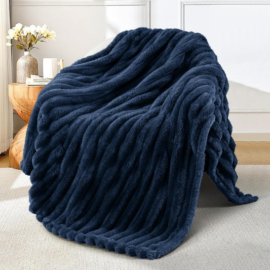 Super Soft Striped Jacquard Fleece Throw Blanket for Couch, Lightweight Cozy Blanket for All Seasons, 50x60 Inches, Navy Blue