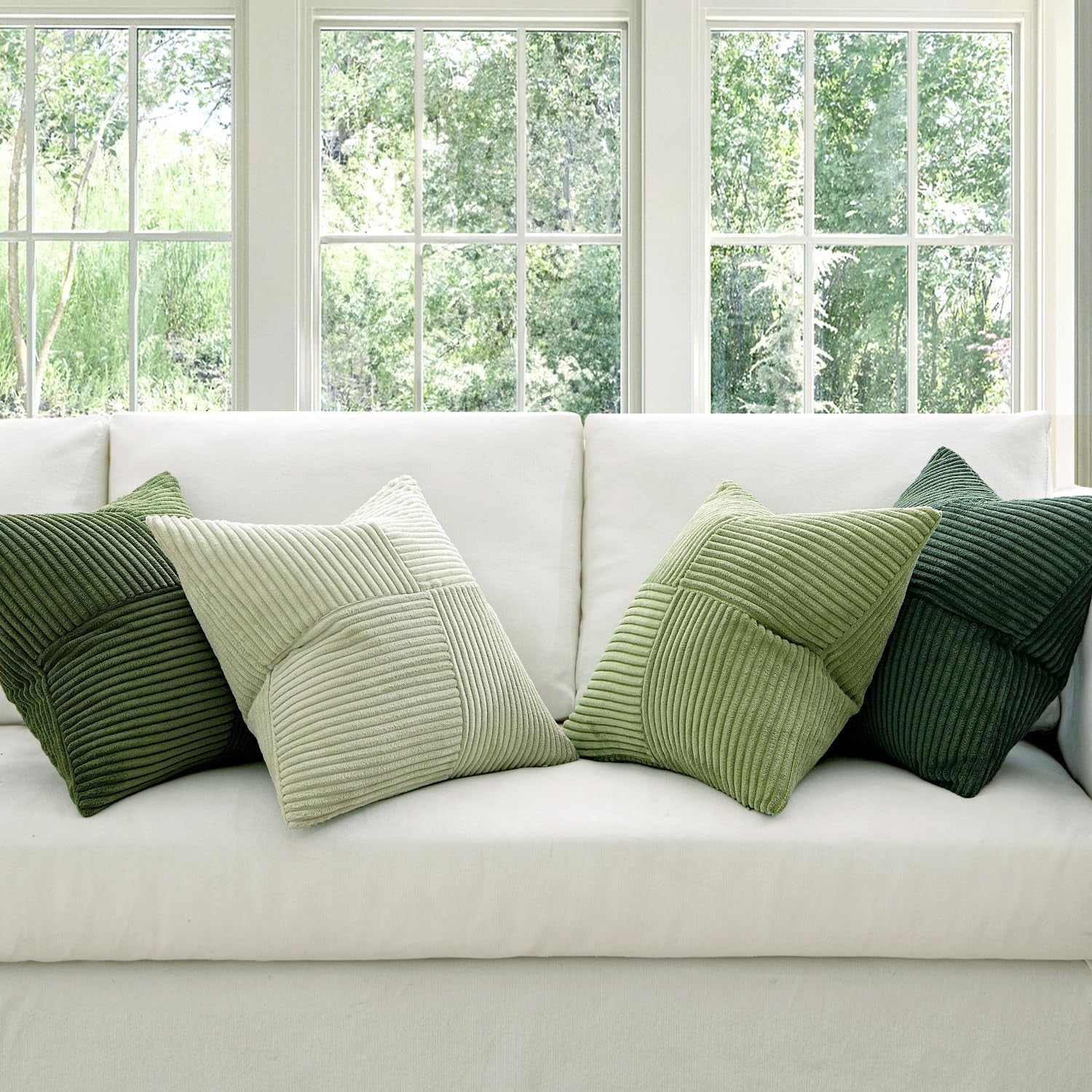 Christmas Green Decorative Throw Pillow Covers 18X18 Inch Set of 4 Boho Farmhouse Cushion Covers Mordern Nordic Pillow Cases Soft Corduroy Gradient Home Decor for Couch Sofa Living Room Bed