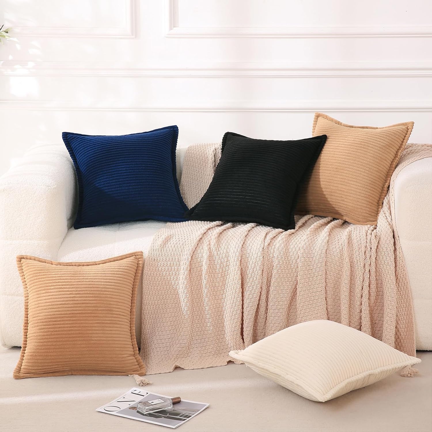 Corduroy Black Throw Pillow Covers Set of 2 Striped Boho Decorative with Edge Design,Super Soft Throw Pillow Cushion Covers for Couch Sofa Living Room Solid Square 18×18Inch/45Cm×45Cm