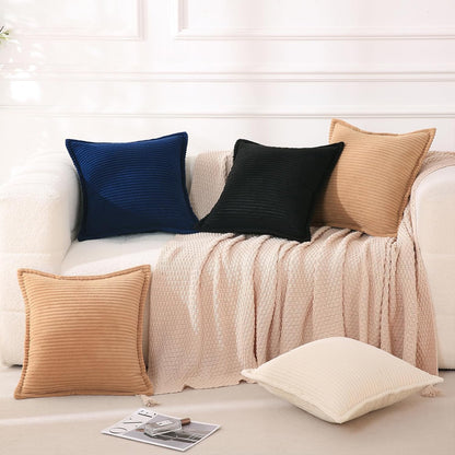Corduroy Black Throw Pillow Covers Set of 2 Striped Boho Decorative with Edge Design,Super Soft Throw Pillow Cushion Covers for Couch Sofa Living Room Solid Square 18×18Inch/45Cm×45Cm