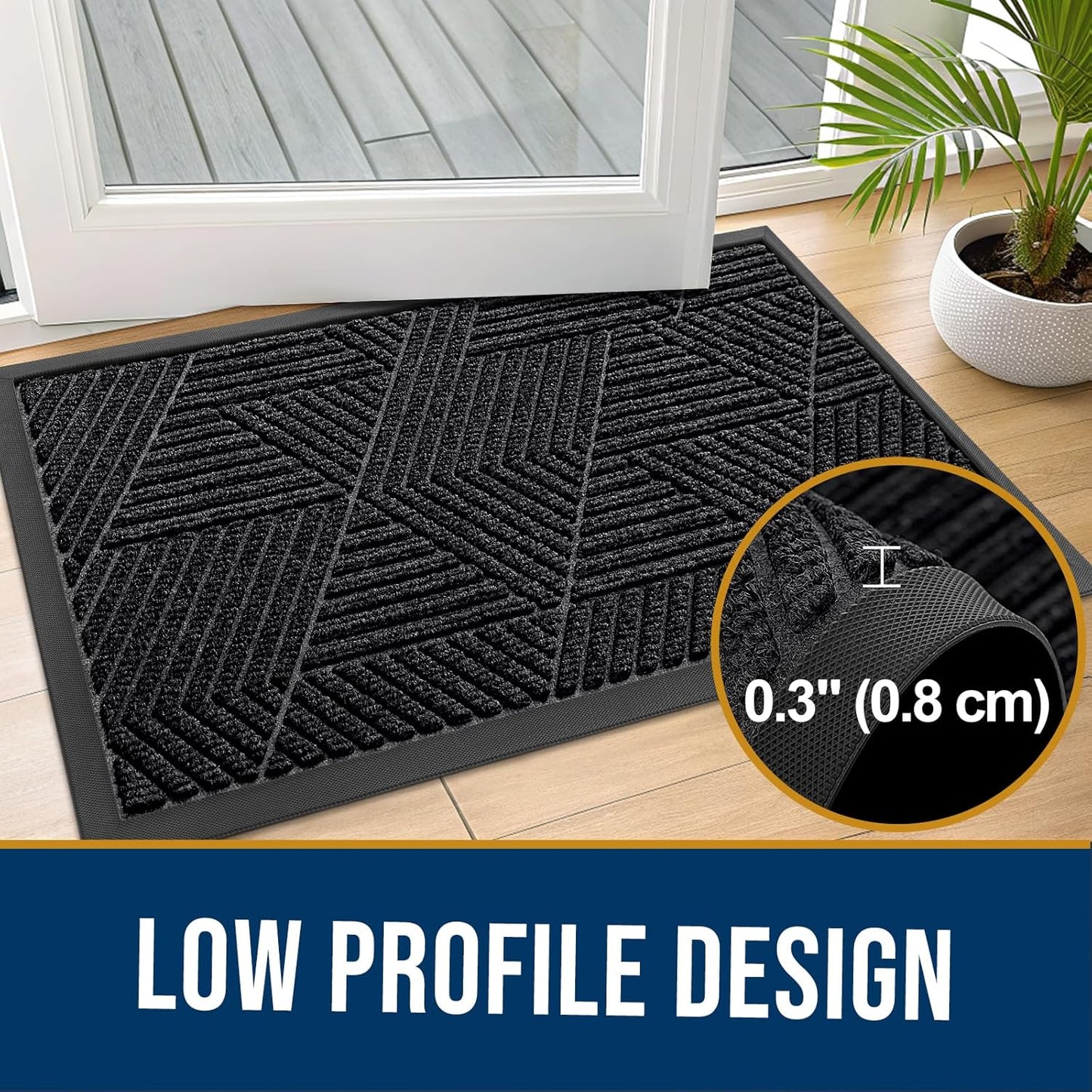 Front Door Mat outside Entrance, Sturdy Natural Dirt Trapper, Heavy Duty Rubber Doormat, Low Profile Non-Slip Backing, Easy Clean Floor Mat for Indoor Outdoor Entry, 29.5X17 Inch, Black