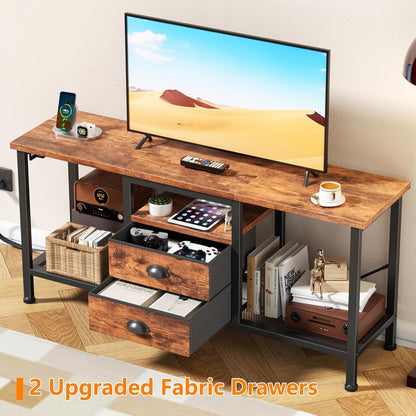TV Stand with Power Outlets and 2 Fabric Drawers, 42 Inch Small Entertainment Center with Open Storage Shelves, Simple TV Console Table for Bedroom, Living Room, Rustic Brown