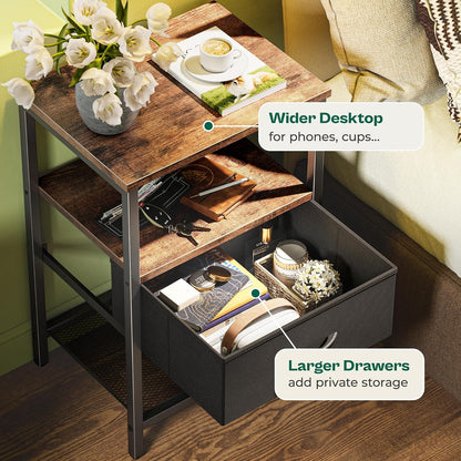 Rustic Brown and Black Nightstand with Fabric Drawer and Mesh Shelf, Metal Frame Side Table for Bedroom and Living Room