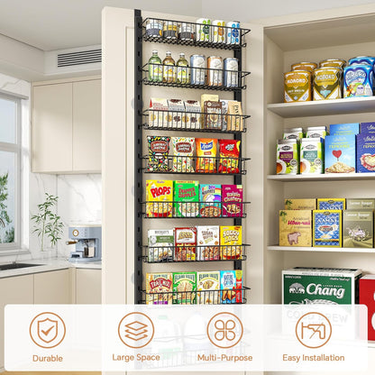 over the Door Pantry Organizer, 8-Tier Adjustable Spice Rack Cabinet Door Shelves, Hanging Seasoning Organizer for Kitchen Bathroom, Laundry Room Organization, Black